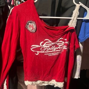 Red Long Sleeve Top with Lace Trim